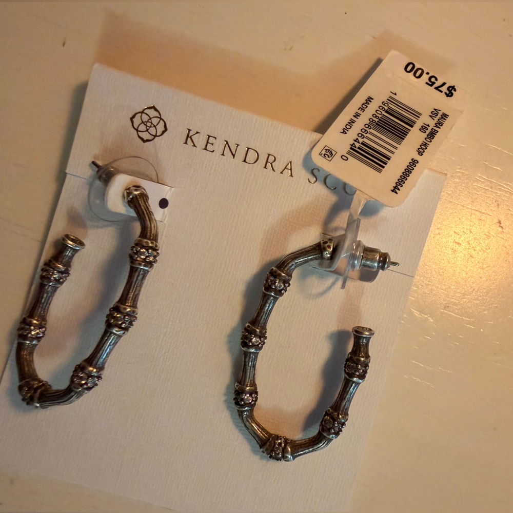 NWT Kendra Scott Maura Vintage Silver Bamboo Hoop Earrings